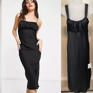 ASOS Women Maxi Slip Dress XS Black Bodycon Ruched Top Cocktail Party Preppy